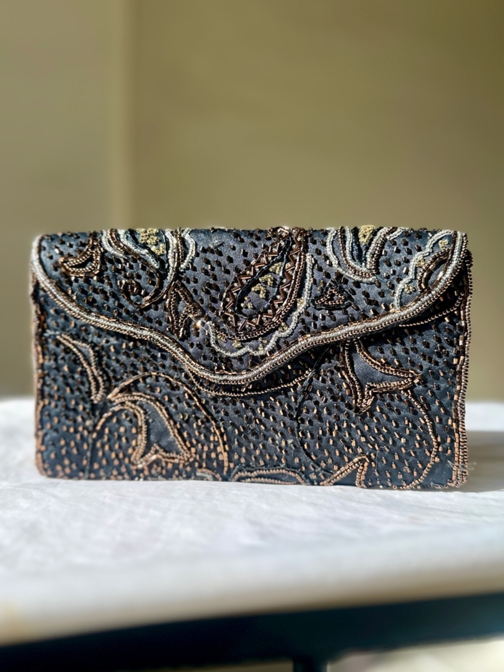 VINTAGE Beaded Paisley Envelope Clutch Evening Bag Black Bronze